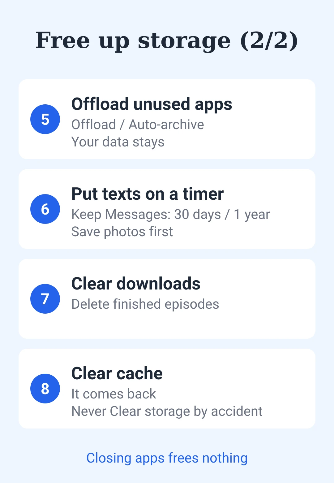 Cheat sheet card: ways 5 to 8 — offload apps, put texts on a timer, clear downloads, clear cache