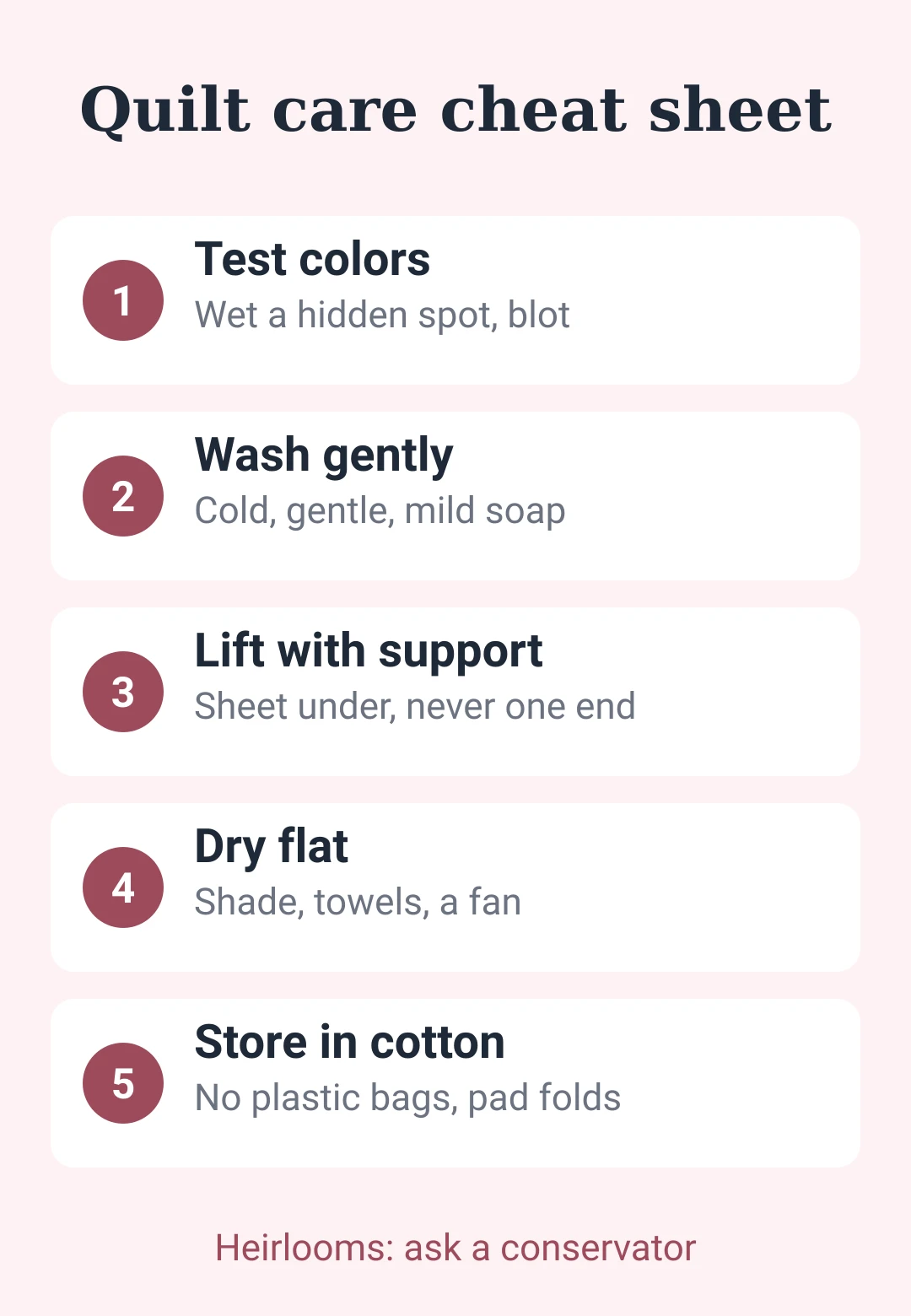 Quilt care cheat sheet: color test, gentle wash, flat drying and breathable storage
