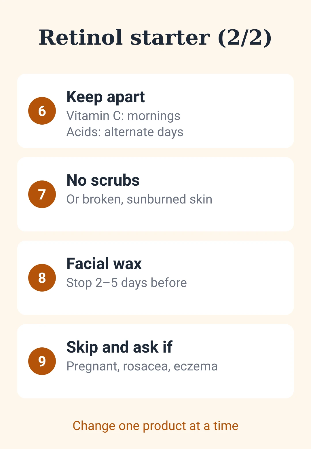 Retinol starter checklist card: keep vitamin C and acids apart, stop before a facial wax, skip during pregnancy, rosacea or an eczema flare