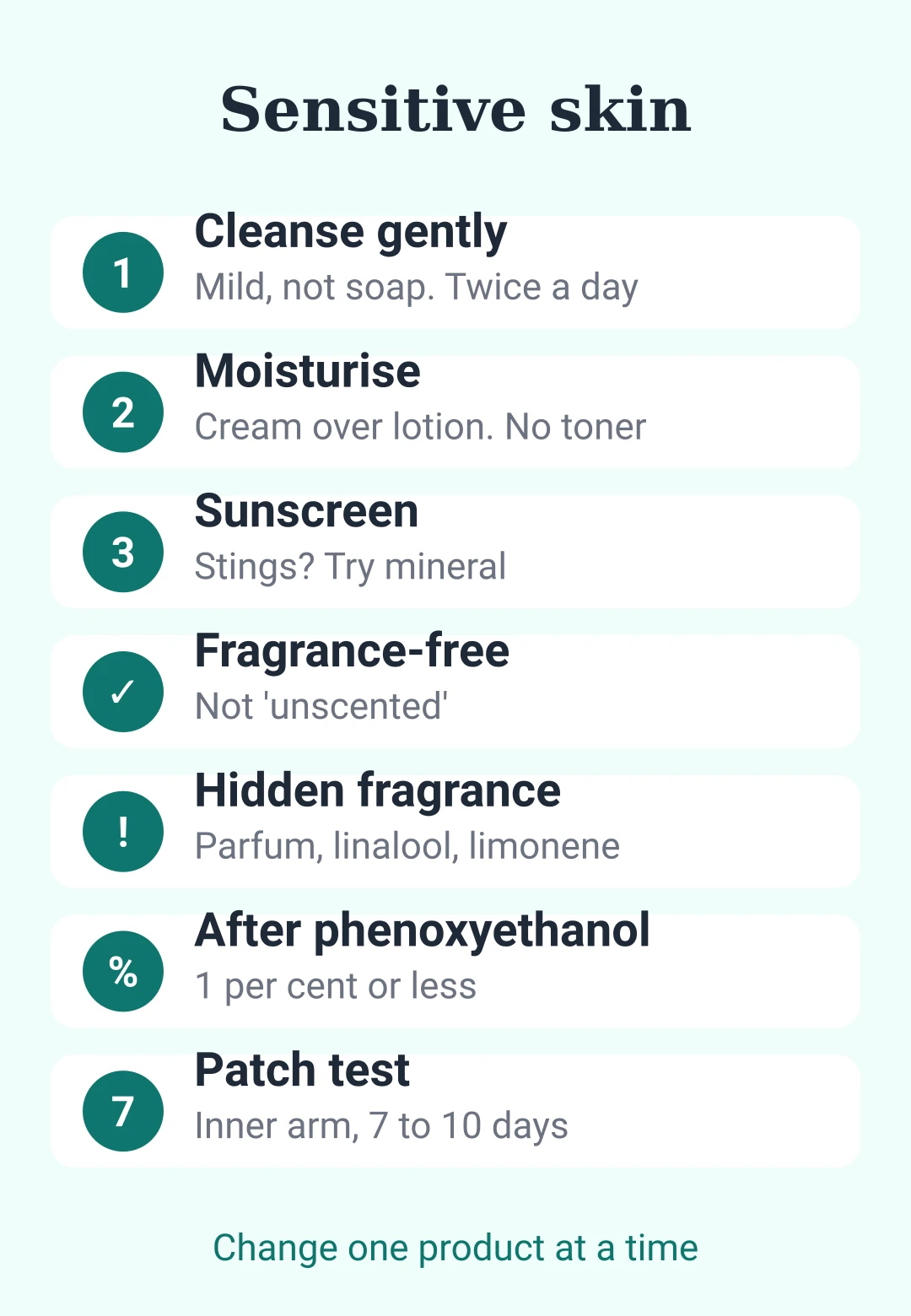 Summary card: a three-step routine for sensitive skin, ingredients to avoid, label words and how to patch test