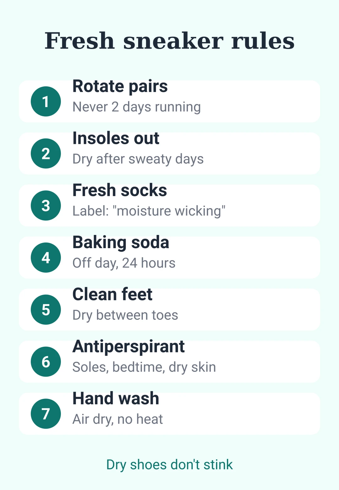 Cheat sheet card with the 7 rules for stopping sneaker smell