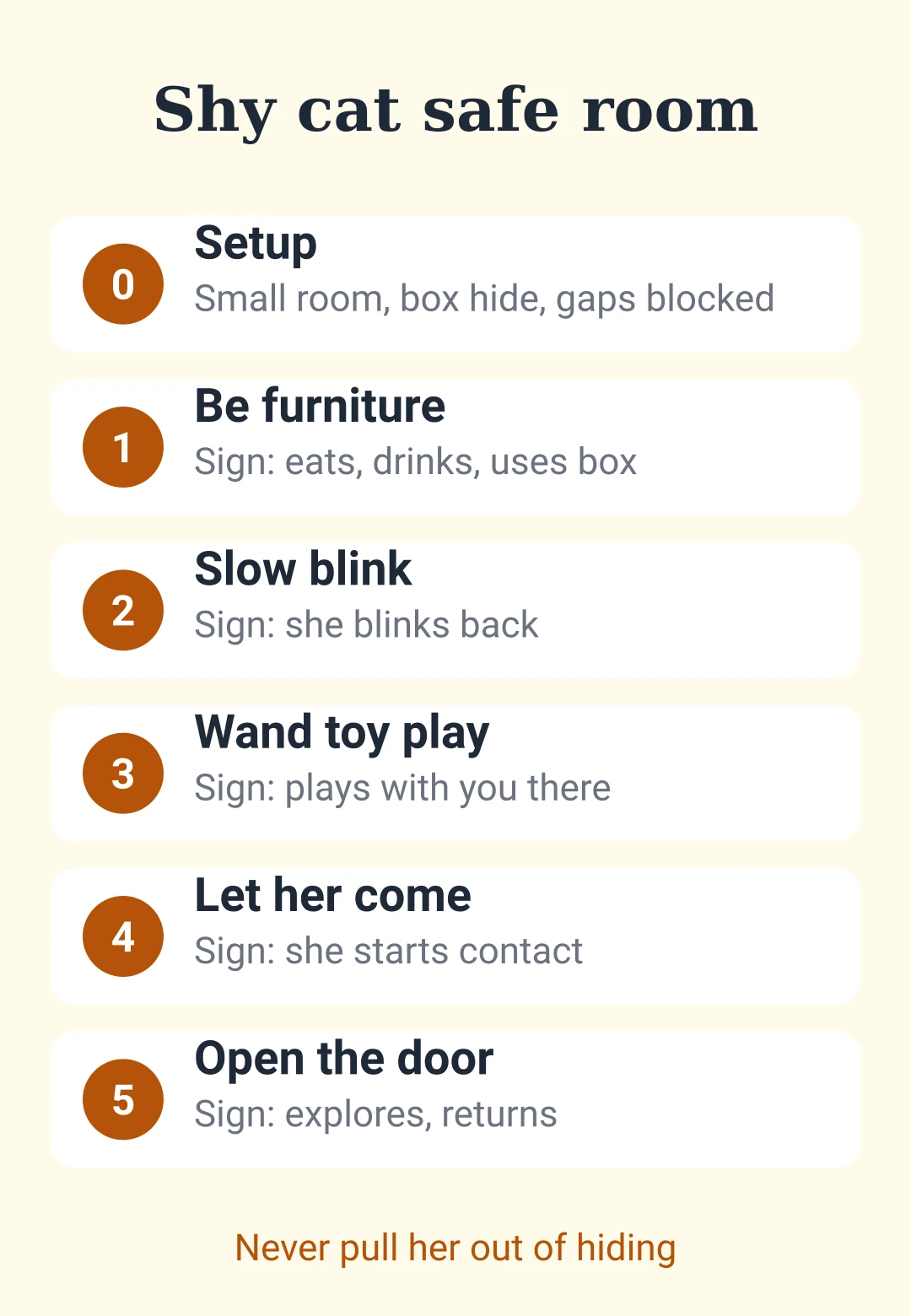 Safe room cheat sheet: setup and five steps with the sign to move on