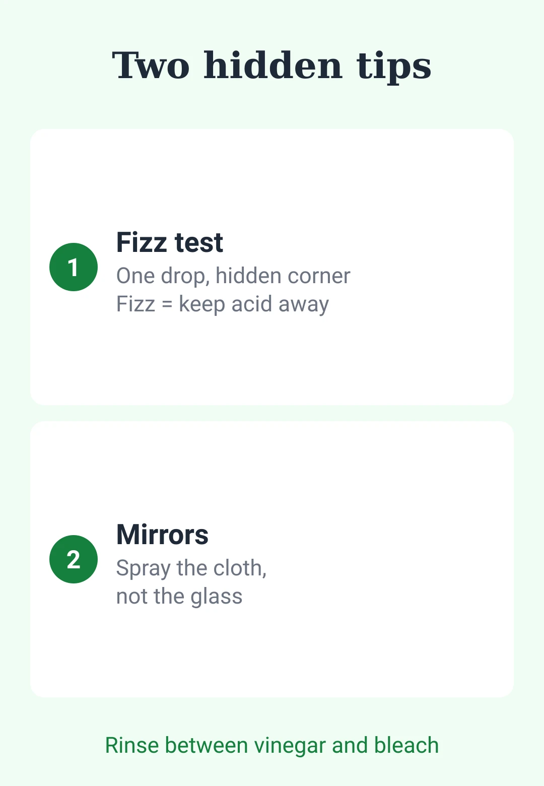 Card with two hidden vinegar tips: the fizz test for worktops and spraying the cloth for mirrors