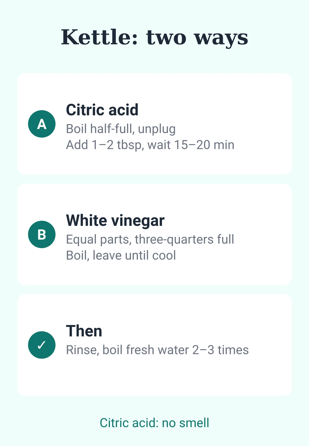 Card: two ways to descale a kettle, citric acid or white vinegar