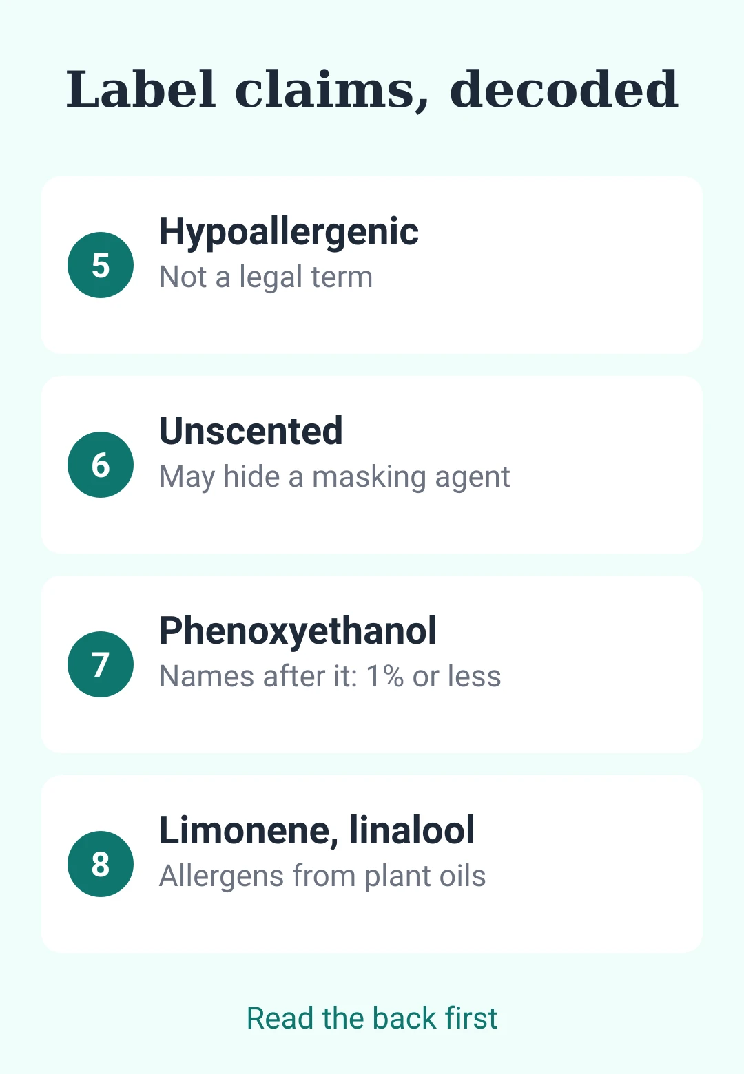 Summary card 2: hypoallergenic, unscented, the 1% line and plant-oil allergens