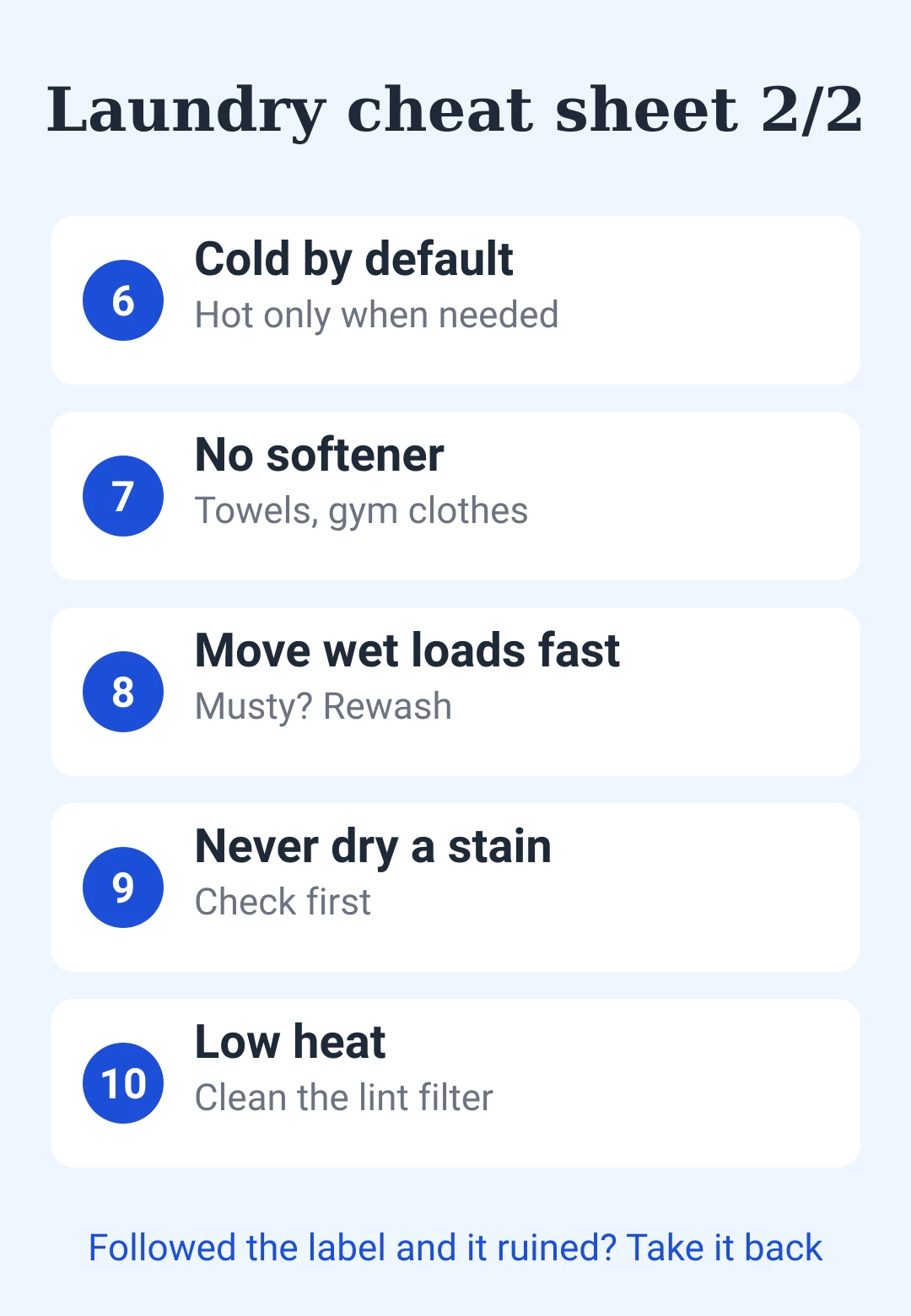 Laundry cheat sheet card 2: mistakes six to ten and their fixes