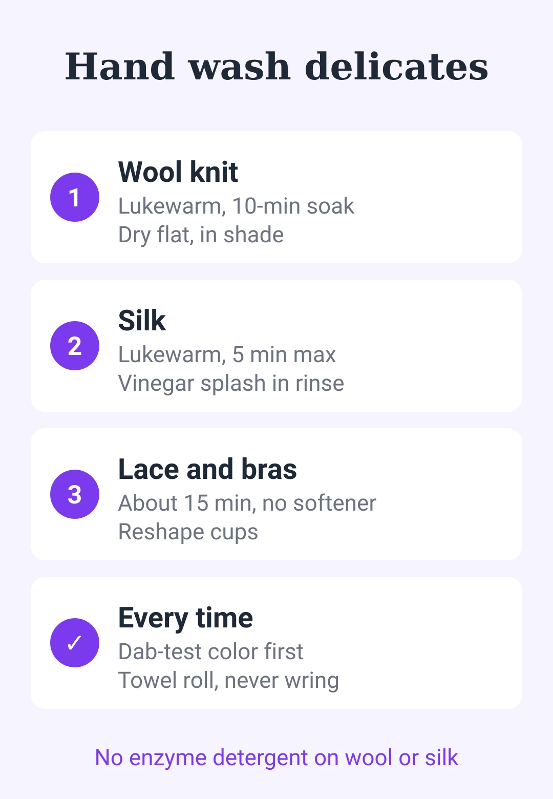 Cheat sheet for hand washing wool knits, silk and lace, with water, soak time and drying for each