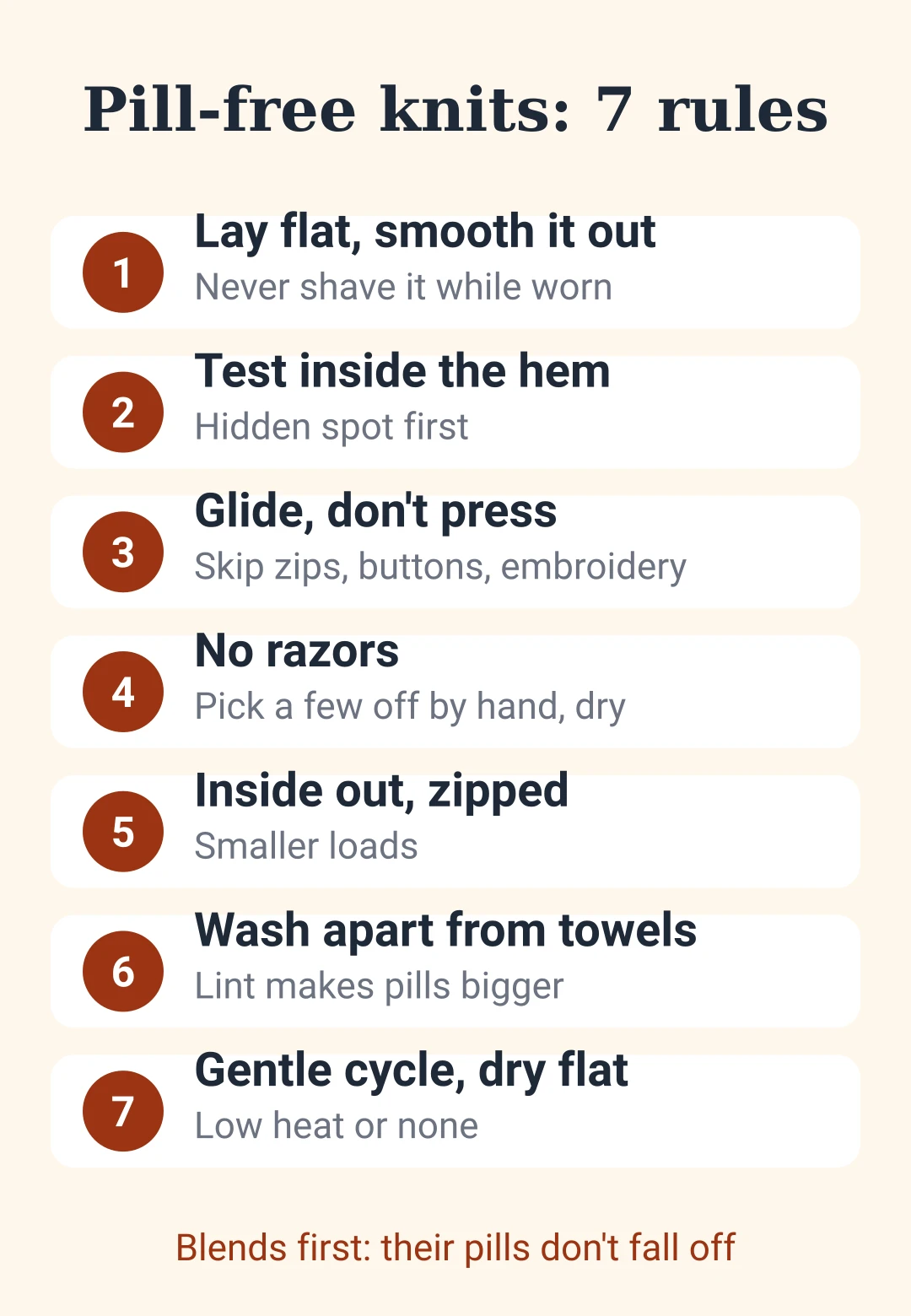 Cheat sheet with seven rules for removing pills from sweaters and washing knits so they pill less