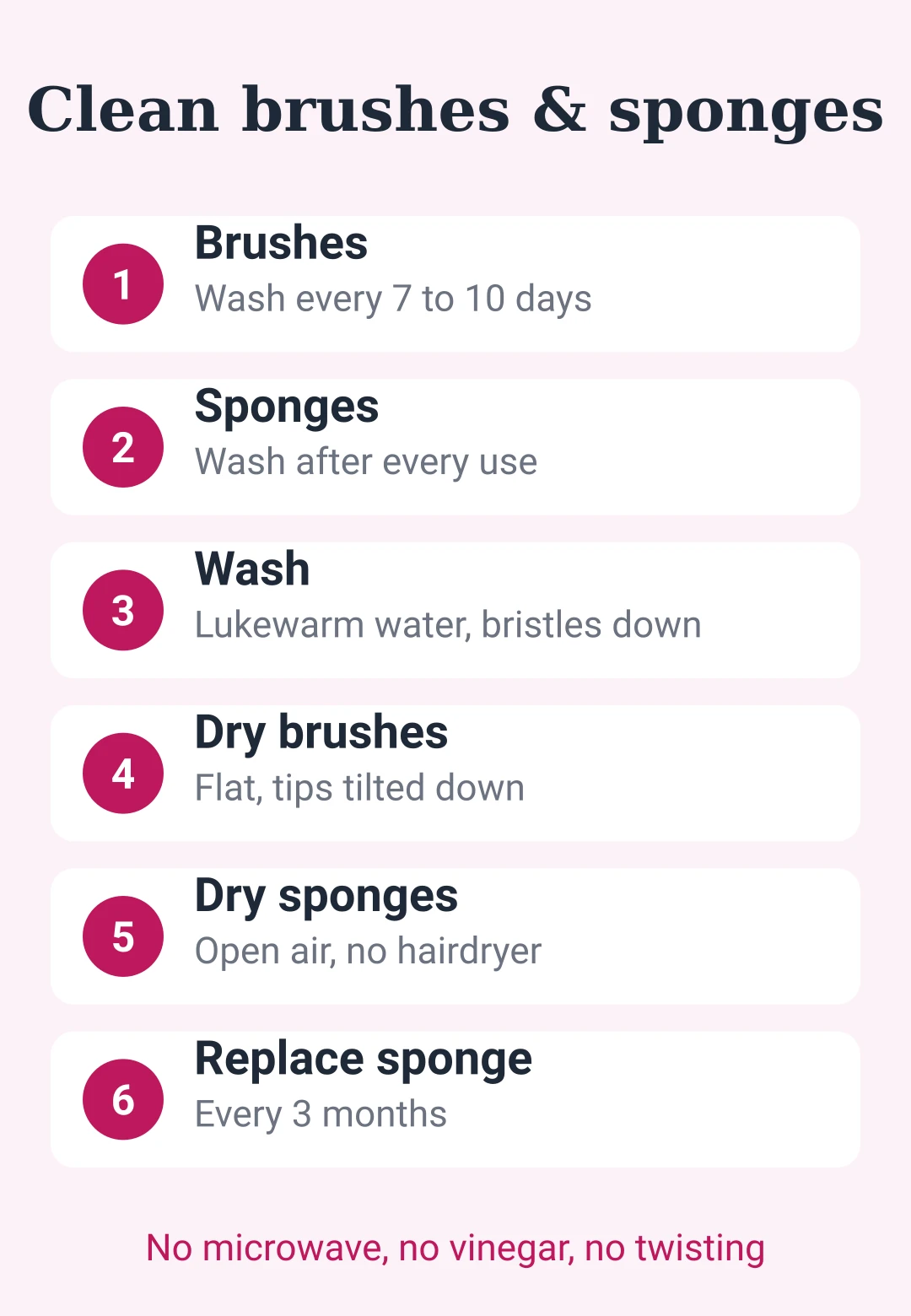 Cheat sheet card: how often to wash makeup brushes and sponges, how to clean them and how to dry them
