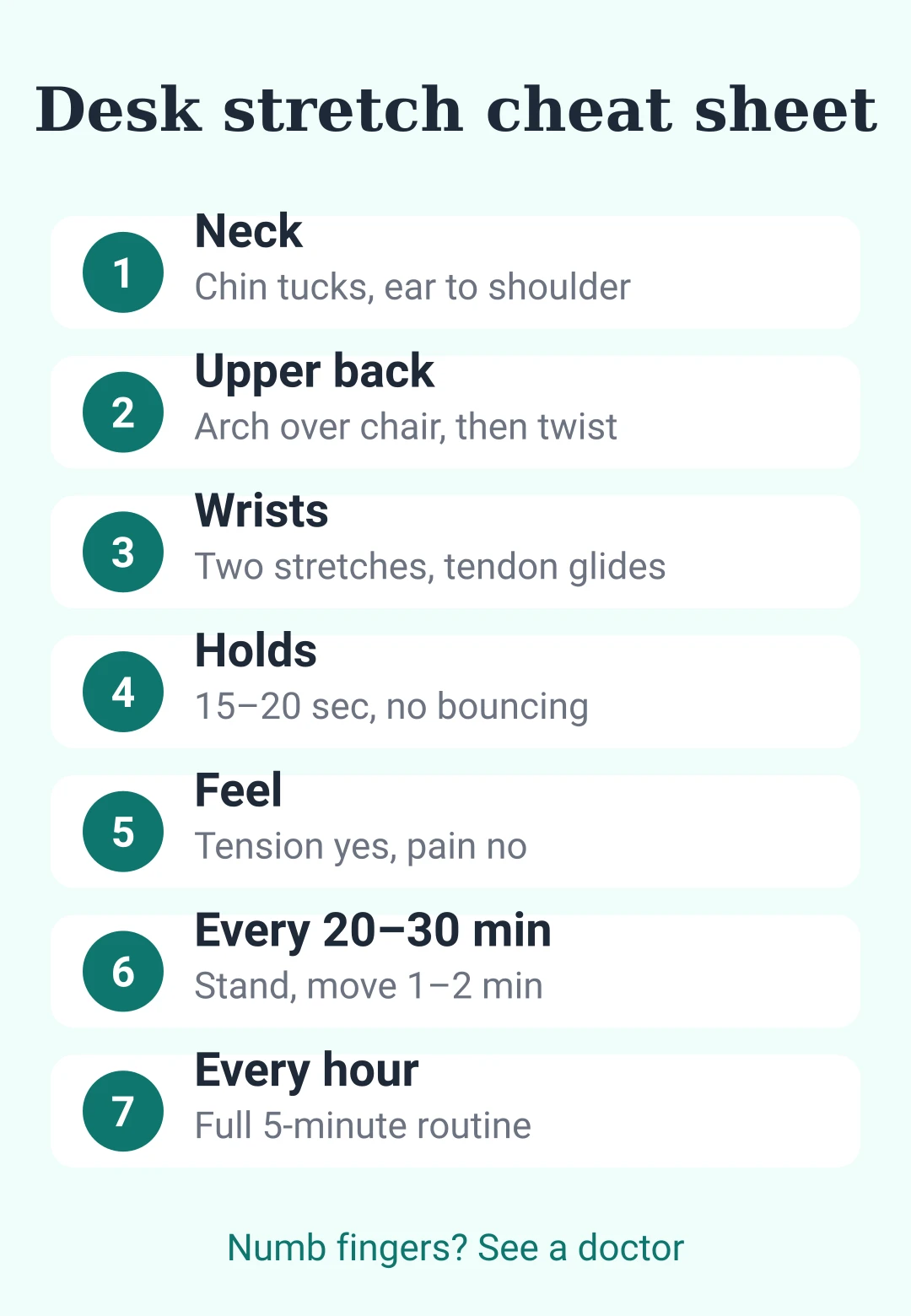 Cheat sheet card for a five-minute desk stretch routine and how often to move