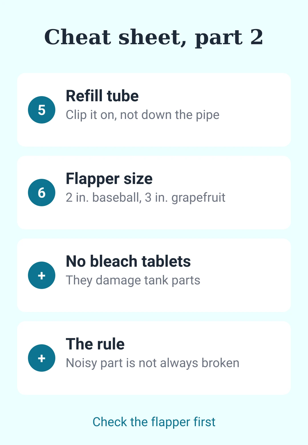 Running toilet cheat sheet card 2: refill tube, flapper size, bleach tablets and the rule