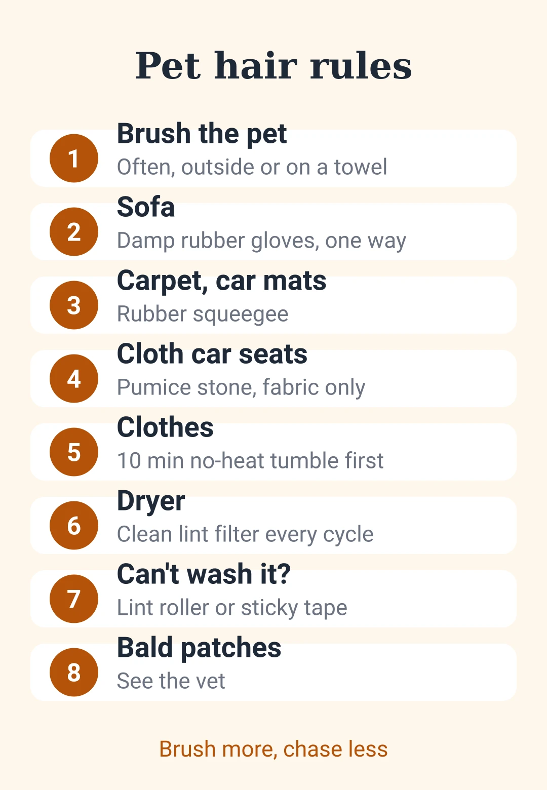 Cheat sheet card: eight rules for getting pet hair off clothes, sofas and car seats